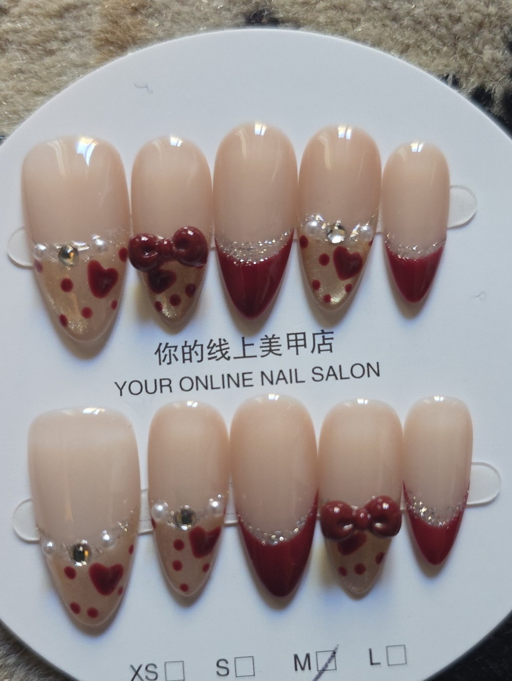 Nude & Burgundy Heart Press-On Nail Set Size Med